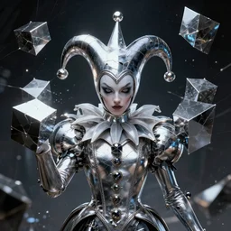 front shot of a court jester character mesmerizing fractal hyper cubes platinum cracked dark future hyper dimensional space galactic cryst edges elegant detailed concept artstation sharp focus ray tracing cinematic masterpiece fine portrait