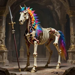 A RGB spiked horse skeleton with armored joints stands in a large cavernous throne room with halberd in hand. Massive shoulderplates. Extremely high detail, realistic, fantasy art, solo, masterpiece, bones, ripped flesh, saturated colors, rainbow, vibrant art by Zdzisław Beksiński, Arthur Rackham, Dariusz Zawadzki, Harry Clarke