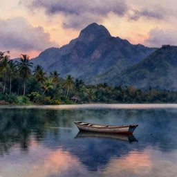 watercolor painting of tropical lake with small fishing boat, dusk, reflections, tall mountains and clouds, moody, colorful, cinematic light