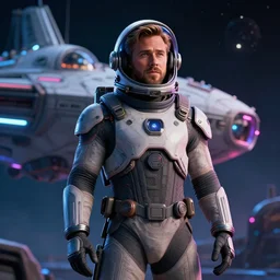 film still of ryan gosling starring in the new galaga movie, dressed in futuristic space track suit - open helmet, outside in planet galaga, standing in front of the galaga ship, 3 ds max, octane high 3 d depth render, vray render, cyberpunk, neon lighting, 8 k, hyper realistic, ultra detailed, sci - fi, trending on artstation