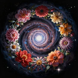An epic fantastic realism comic book style painting of the most beautiful spiraling flowers into the dark cosmos, fisheye, a nearby star flares, unreal 5, DAZ, hyperrealistic, octane render, dynamic lighting