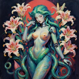 a beautiful painting lovely 3 d coquettish medusa robot, surrounding lilies by ukiyo - e award - winning art, andy warhol color, dramatic light, octane render