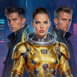 cyberpunk, cyberspace, portrait of alessandra ambrosio in gold space suit, painted by bobby chiu, painted by igor kieryluk, digital art, trending on artstation