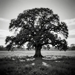 one big tree of oak, field, mystic, lomography, analogue photo quality, monochrome, blur, unfocus