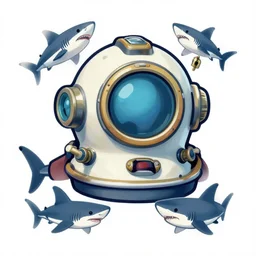 a tattoo illustration of a vintage scuba helmet surrounded by sharks in lowbrow art style