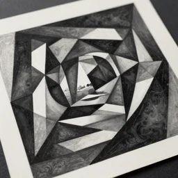 a close up of a piece of paper with black and white shapes, a cubist painting by sarah morris, behance, generative art, behance hd, cubism, fractalism
