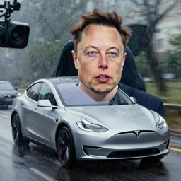 a painting of elon musk driving a tesla the camera angle is just right and it's raining
