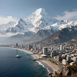 A coastal city near some snow-capped mountains, sci-fi, 8k photorealistic, coruscant from star wars