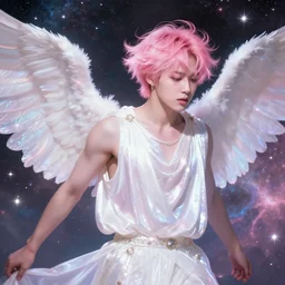 closeup harmony of pink haired angel beautiful yoongi wearing white sparkly shiny greek clothes, muted colors, nebula background, neon sparkles everywhere, big wings, dynamic hair movement, + + + + + + dynamic pose, holographic space, glowing effect, j. c leyendecker, by alan lee, wlop! illustrated by starember, fantasy art by craig mullins