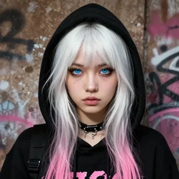 highly detailed portrait of a urban punk lady student, blue eyes, hoodie, white hair by atey ghailan, by greg rutkowski, by greg tocchini, by james gilleard, by joe fenton, by kaethe butcher, gradient black, brown and pink color scheme, grunge aesthetic!!! ( ( graffiti tag wall background ) )