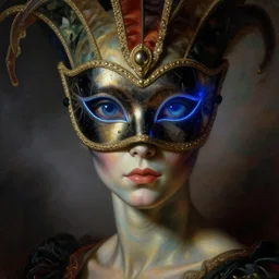 a baroque neoclassicist close - up portrait of an alien being gazing intensely with big glowing eyes and iridescent skin wearing a uv blacklight retrofuturistic venetian carnival mask at a masquerade, foggy background. renaissance portrait painting. highly detailed science fiction painting by norman rockwell, frank frazetta, and syd mead. rich colors, high contrast, gloomy atmosphere, dark background. trending on artstation
