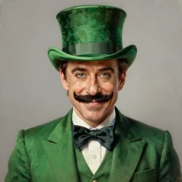 hyper realistic portrait painting, beautifully rendered, robert downey jr. as dapper fancy luigi, moustache, wearing a green top hat, green suit and bowtie, smirking deviously, painted by greg rutkowski, wlop, artgerm, dishonored 2