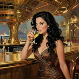 beautiful woman with long wavy curly black hair and green eyes, wearing a cocktail dress, sipping a drink. she is in the bar of the atlantis paradise, a retro futuristic spaceship made of brass bronze gold, art deco influence, hotel style design. bioshock, starship titanic. clean, well composed painting by artgerm and greg rutkowski.