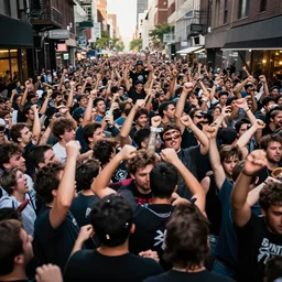 moshpit in the city streets, realistic, huge moshpit, realism, hdd, hdr, rtx on, dynamic lighting, chaos in the moshpit,