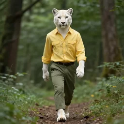 beautiful portrait commission of a male Furry Anthro albino mountain lion Fursona wearing a yellow button-down shirt, olive green slacks walking down a forest trail. Atmospheric. Renowned character illustration by greg rutkowski, thomas kindkade, alphonse mucha, loish, norman rockwell. detailed, inked, western comic book art