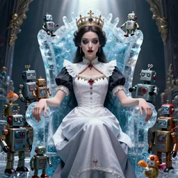 highly detailed closeup portrait of a gothic nurse princess wearing a crown and sitting on an ice throne surrounded by cute tin toy retro robots, nicoletta ceccoli, mark ryden, lostfish, earl nore, hyung tae, frank frazetta, global illumination, god rays, detailed and intricate environment