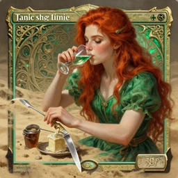 ginger girl with problems dringing in an ancien taver and playing with a knife, magic the gathering, ancient, sand, emerald, intricate, highly detailed, digital painting, artstation, concept art, smooth, sharp focus, illustration, Unreal Engine 5, 8K, art by artgerm and greg rutkowski and alphonse mucha