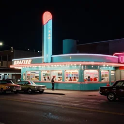 color street view in america of market district at night, diner, from 1 9 7 2, retro futurism on film kodachrome