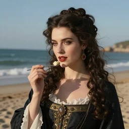 portrait of ancient vampire queen enjoying a day at the beach, 18th century