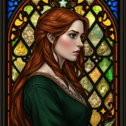 pretty side - view portrait of triss from the witcher 2, long green coat, 1 3 th century stained glass window, very masterful