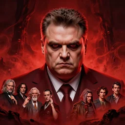 hyper realistic portrait of satanic viktor orban, evil expression, red mist in hell, gorgeous lighting by kim jung giu weta studio, mucha, bautista and norman rockwell and greg rutkowski and tom bagshaw and james gurney and lucasfilm
