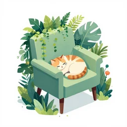 ( ( dither ) ), editorial illustration portrait of an isometric chair with a sleeping cat with lush foliage overgrowth, flowers, modern art deco, ( ( mads berg ) ), christopher balaskas, rich grainy texture, detailed, dynamic pose, matte print, risograph, wood block print, unreal engine, colorful, vibrant