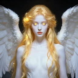 priestess with angelical wings, golden hair, fluorescent eyes, white skin, lipstick, beautiful, goodness, pure, high fantasy, illustration, by artgerm, greg rutkowski, alphonse mucha