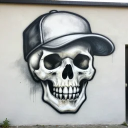 a spraypainted 8 0 s mural of a skull wearing a baseball cap with a boombox, in the style of hiphop, intricate, high detail, artstation, dark color scheme
