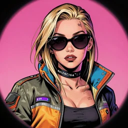 sexy hyper detailed comic illustration of a cyberpunk alluring Kat Dennings wearing Balenciaga sunglasses and a gorpcore jacket, markings on her face, by Josan Gonzalez and Patrick Nagel, intricate details, vibrant, solid background, low angle fish eye lens