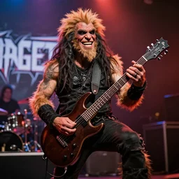 smiling caveman playing on stage at a metal concert