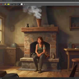 a painting of a woman sitting in a room in front of a chimney, smoke coming from chimney, a screenshot by senior environment artist, cgsociety, environmental art, 2 d game art, unreal engine 5, reimagined by industrial light and magic