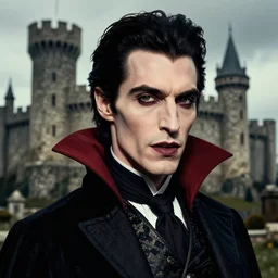 head and shoulders vogue fashion photo portrait of a male vampire, d & d, fantasy, medieval castle, year 1 1 8 9, annie liebovitz