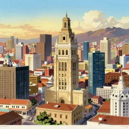 detailed masterpiece lithograph of the skyline of Lima, Peru in the style of Katsuhiro Otomo