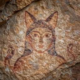 archeological photo of the ancient portrait of the catgirl, rock art drawings, symmetrical, cinematic, real dlsr photography, sharp focus, 4 k, ultra hd, sense of awe