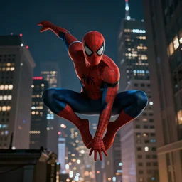 beautiful expressive digital painting of ( ( spider - man, lit in cinematic rim lighting swinging across buildings at night time, dramatic!!!!! pose ) beautifully lit nighttime city, cinematic rim lighting, epic!!!!! dark gritty atmosphere, stunning digital painting, hyper detailed, 4 k, high quality, smooth, sharp focus