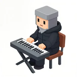 an isometric 8 - bit sprite of a 🧔🏿 wearing a gray do rag and a black winter puffer coat, sitting in a chair and playing a keyboard synthesizer, white background,