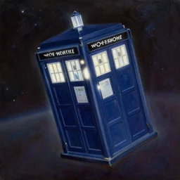 oil painting of the tardis from dr who flying through space. beautiful. space. police box