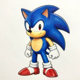 sonic the hedgehog, drawn on Ken Sugimori, digitally colored, ink on paper