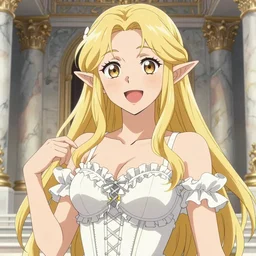 Worksafe. Cinematic, epic. Fantasy, fairytale. Close-up heavenly gentle blonde elven magician princess wearing white luxury bridal bra with many frills and laces, expressing joy, at huge marble palace. By krenz cushart, makoto shinkai and pixiv. Accurately shaped manga face. A very clean image. Bold contour inklines. High contrast and gentle colors.