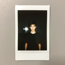 polaroid photo of a teenager lit by a single strobe light
