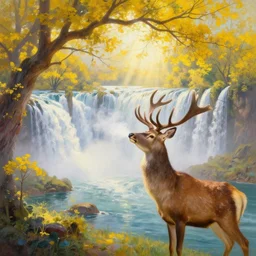 the most beautiful panoramic landscape, oil painting, where a giant dreamy waterfall creates a river, the trees around are starting to bloom in yellow colors, a majestic deer is in close - up is under a giant tree and it is exhaling steam, the ray lights of the sunrise are brightening him, by greg rutkowski