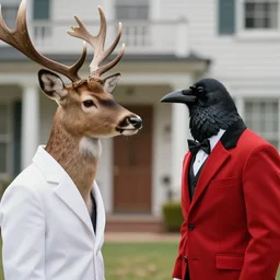 a deer wearing a white formal coat, conversing with a crow wearing a red formal coat, hyperrealistic, concept art, octane render, unreal engine 5, trending on DeviantArt, highly detailed, high quality, 8K, soft lighting, cute, natural lighting, realistic face, trending on Artstation, elegant clothes, profile picture, path traced, house background