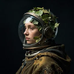 a woman's face in profile, wearing a glass space helmet full of leaves and a cloak, in the style of the dutch masters and gregory crewdson, dark and moody