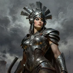 mighty junoesque princess of the wasteland, scrap metal headdress, strong line, deep color, cloudy sky, beautiful! coherent! by brom, by frank frazetta, low angle