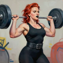 greg manchess portrait of scarlett johansson as thick very muscular gothic weightlifter with red hair and black lipstick, fantasy medium shot, asymmetrical, profile picture, organic painting, sunny day, matte painting, bold shapes, hard edges, street art, trending on artstation, by huang guangjian and gil elvgren and sachin teng