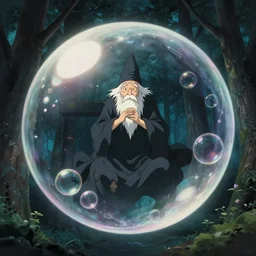 an old wizard trapped inside a floating soap bubble among the trees, ethereal, fantasy, style of takashi murakami, dramatic lighting