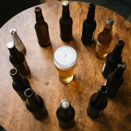 beer at a table, top view, pro photo, album cover