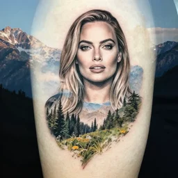 tattoo design sketch of margot robbie with beautiful mountain scenery, mash up, double eposure effect, in the style of arlo dicristina, surrealist, amazing detail, sharp