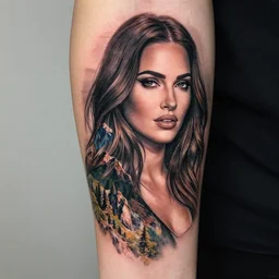 double exposure effect tattoo design sketch that combines megan fox with beautiful mountain scenery, realism tattoo, in the style of den yakovlev, amazing detail, sharp