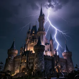 realistic photo of lightening strike on futuristic big castle, dark night background, 7 0 % frame covered by castle, sharp focus, wide angle shot, in the style of greg rutswoski, very hyper realistic, highly detailed, fantasy art station